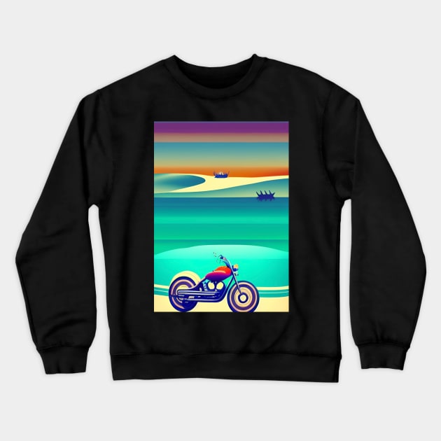 TRENDY SURREAL RETRO MOTORCYCLE ON THE BEACH Crewneck Sweatshirt by sailorsam1805